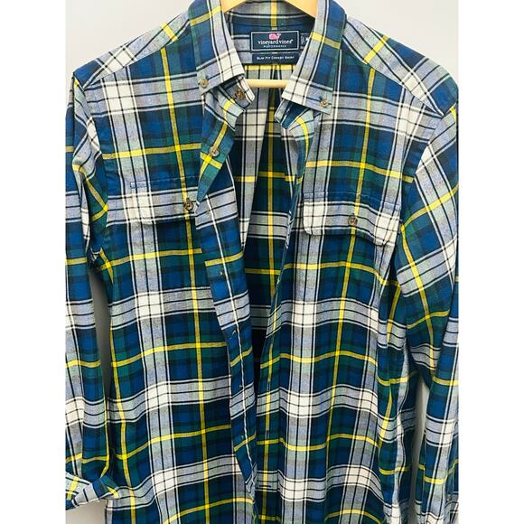Vineyard Vines Blue Green Yellow Plaid Performance Shirt Medium Slim Fit Crosby - Picture 1 of 3